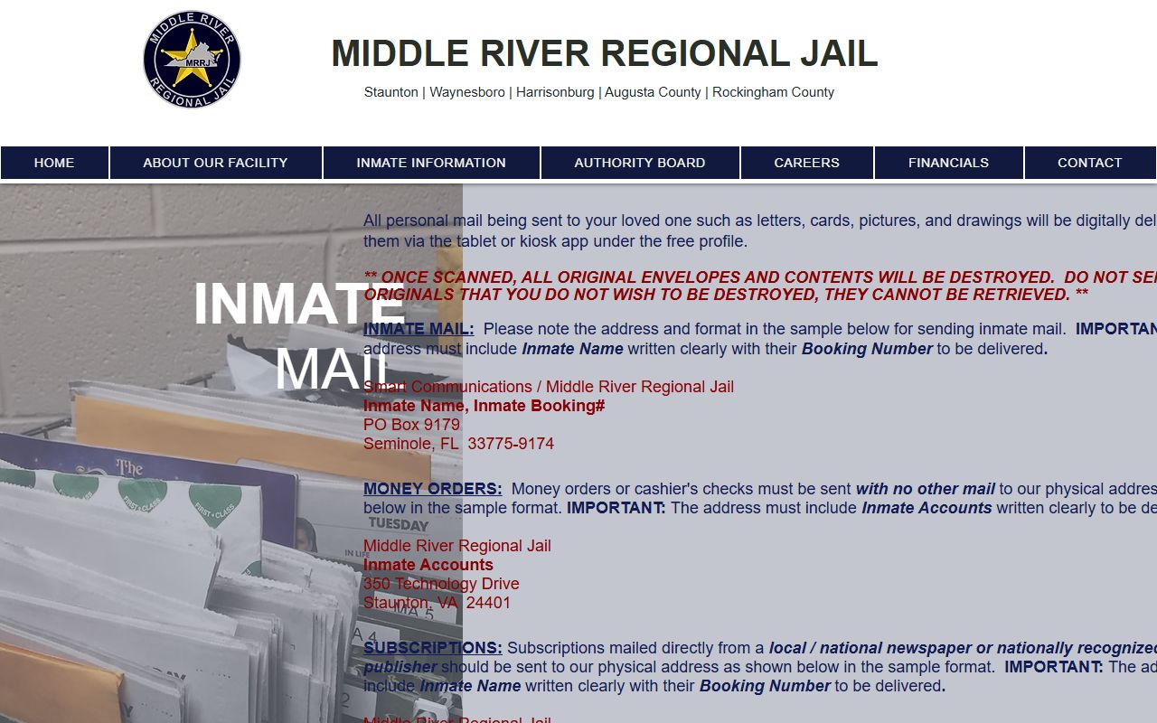 Middle River Regional Jail mail page showing scanned mail address requirements
